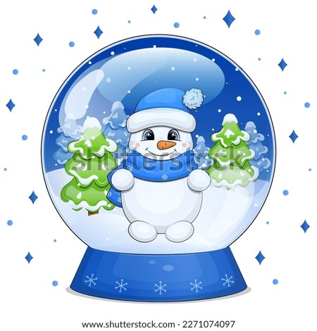 Cute cartoon snowball with a snowman and fir trees. Christmas vector illustration on white background.