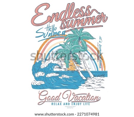Endless summer. Palm tree island print design for t shirt print, poster, sticker, background and other uses. Beach vibes vintage print design. Royalty-Free Stock Photo #2271074981