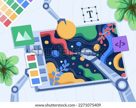 Art Generated by Artificial Intelligence (AI), Depict a robotic hand using a stylus pen to create an artwork on a drawing tablet.
Robots with AI technology creating art on tablet using stylus pens. Royalty-Free Stock Photo #2271075409