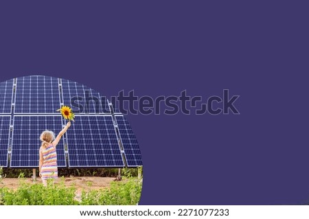 Digital business card template for solar energy construction or maintenance company. Lot of copy space on dark blue background, your text here. Girl in dress hold sunflower solar panels on background.