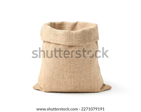 Empty burlap sack isolated on white background. Royalty-Free Stock Photo #2271079191