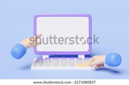 3d businessman using laptop with blank computer screen isolated on blue background. template, mockup concept, 3d render illustration, clipping path 