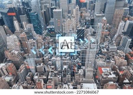 Aerial panoramic roof top city view of New York City Financial Downtown, day time. Manhattan, NYC, USA. Artificial Intelligence concept, hologram. AI, machine learning, neural network, robotics