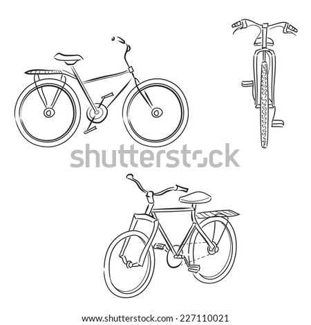 Set of isolated  bicycles drawing by lines. Front and profile view.  Black and white vector image