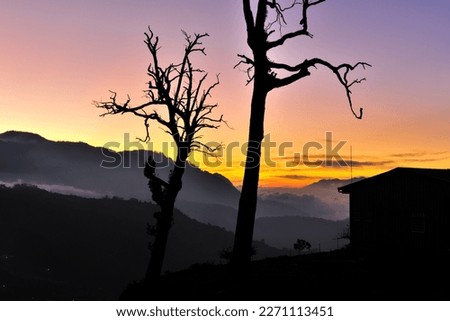 Landscape of tranquil mountains at dusk with farmhouse house buildings and dead tree silhouettes