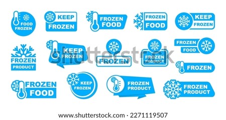 Frozen product label set. Keep frozen - badges for package product. Frozen food logo. Stickers with snowflake and thermometer. Storage in refrigerator and freezer. Vector illustration. Royalty-Free Stock Photo #2271119507