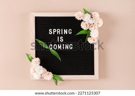 Letter board with Spring Is Coming text and flowers on beige wall. Blooming floral wooden frame