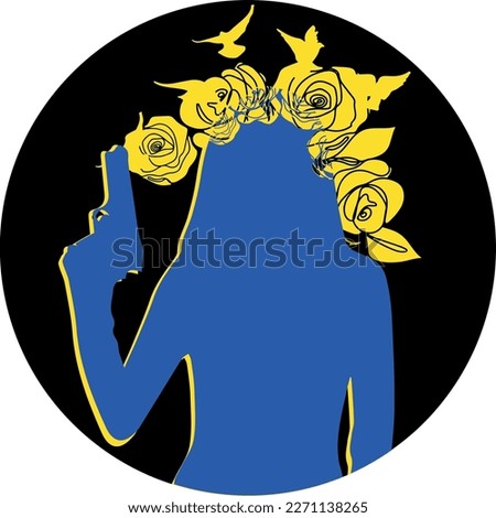 Ukraine woman silhouette line art drawing with floral wreath.