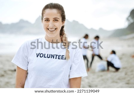 Smile, volunteer portrait and woman at beach for cleaning, recycling or environmental sustainability. Earth day, happy face and proud female for community service, charity and climate change at ocean Royalty-Free Stock Photo #2271139049
