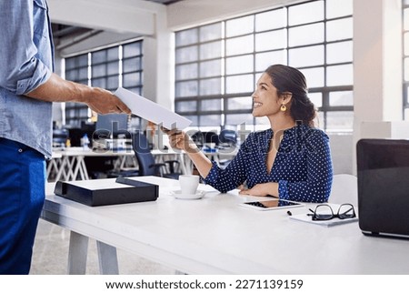 People in office giving documents for business coworking, startup planning and career workflow management. Project proposal, job application and paperwork of administration woman or person with smile Royalty-Free Stock Photo #2271139159