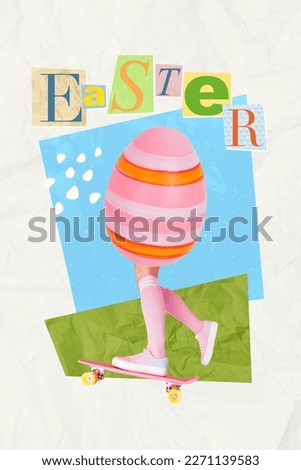 Weird postcard collage picture of person with drawing color easter egg body ride fast seasonal sale