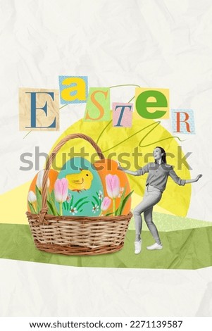 Creative image invitation collage of funky lady dancing festival hunt collect painting easter eggs in wicker basket