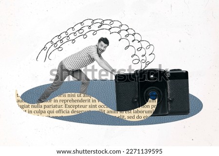 Banner poster drawing collage of young guy photographer pull old school photo camera shooting book text