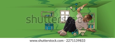 Conceptual art collage with little kid sitting at tiny drawing imaginary children room with toys fear, discomfort. Concept of inner world, dreams, child psychology and emotions