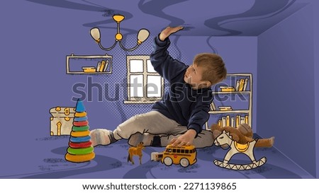 Conceptual art collage with little kid sitting at tiny drawing imaginary children room with toys fear, discomfort. Concept of inner world, dreams, child psychology and emotions