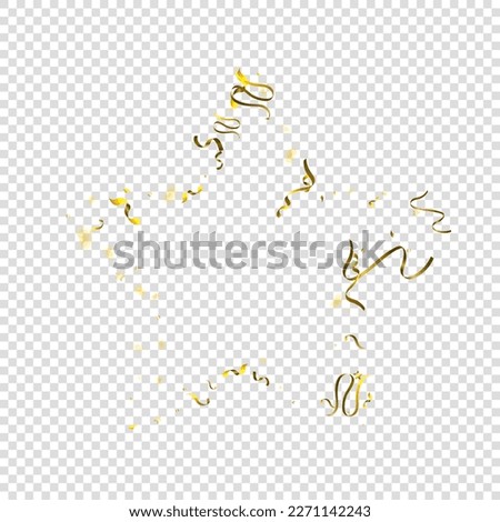 Holiday Serpentine. Gold Foil Streamers Ribbons. Confetti Star Falling on Transparent Background. Party, Birthday Vector Template. Sparkle Serpentine. Celebration Elements. Bright Gold Festive Tinsel.