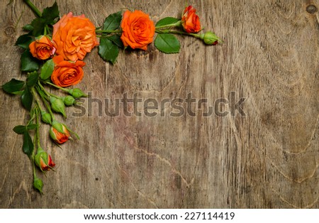 Corner from roses with leaves on wooden background.