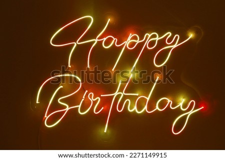 Yellow neon happy birthday. Trendy style. Happy Birthday background. Neon sign. Custom neon. Party decor.
