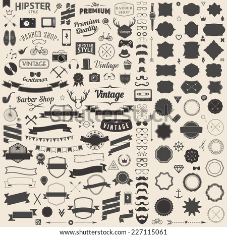 Huge set of Vintage Styled design Hipster Icons Vector Signs and Symbols Templates for Design Largest set of Icons, gadgets, sunglasses, mustache, ribbons infographcs element. Wedding Styling Elements Royalty-Free Stock Photo #227115061
