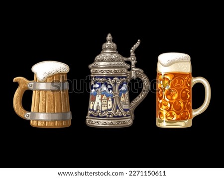 Hand drawn vintage set of old beer mugs isolated on black background. Wooden mug, German stein mug, dimpled Oktoberfest glass mug. Brewery, beer festival, bar, pub design. Vector illustration.