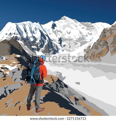 Mount Cho Oyu and hiker in a red jacket with a big backpack, vector illustration, Gokyo valley, Khumbu valley, Everest area, Nepal himalayas mountains