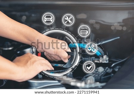 Car service technology,Customer Satisfaction Guarantee on virtual screens concept, Employees check the conditions of quality warranty and service repair auto part of car service process Royalty-Free Stock Photo #2271159941