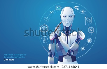 Robot Painting Creating Artwork, artificial intelligence artist assistant, the image generated by artificial intelligence. Prompt craft and prompt artists are disrupting traditional artists with robot Royalty-Free Stock Photo #2271166641