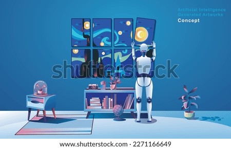 Robot Painting Creating Artwork, artificial intelligence artist assistant, the image generated by artificial intelligence. Prompt craft and prompt artists are disrupting traditional artists with robot Royalty-Free Stock Photo #2271166649