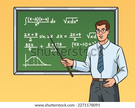 Mathematics teacher at blackboard with algebra formulas pop art retro raster illustration. Comic book style imitation.