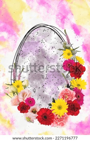 Collage 3d image of pinup pop retro sketch of easter egg silhouette decorating flowers isolated painting background