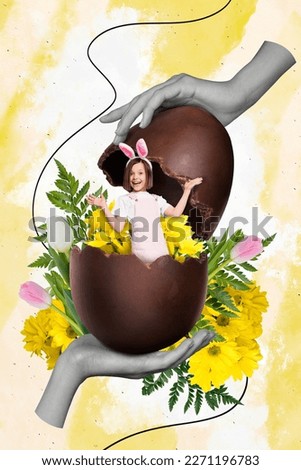 Creative retro 3d magazine collage image of funky small kid hiding easter chocolate egg isolated painting background