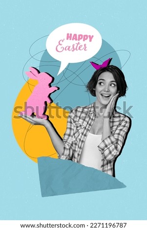 3d retro abstract creative collage artwork template of funny funky lady holding easter bunny isolated painting background
