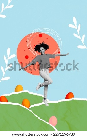 Photo collage cartoon comics sketch picture of smiling funny lady having fun enjoying easter activities isolated drawing background