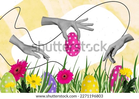 Photo collage artwork minimal picture of arms picking grass colorful easter eggs isolated drawing background