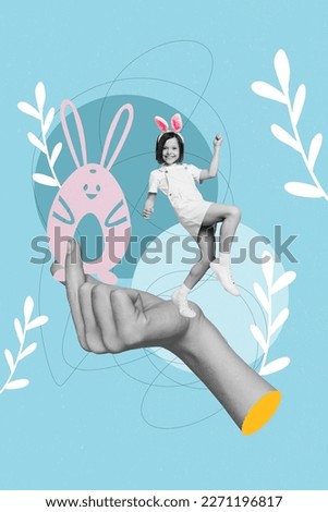 Collage 3d image of pinup pop retro sketch of lucky small kid winning easter game collecting eggs isolated painting background