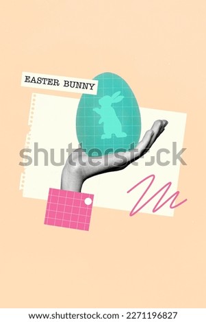 Collage 3d image artwork sketch invitation card brochure of girls arm holding painted egg bright color doodle paper sheet Royalty-Free Stock Photo #2271196827