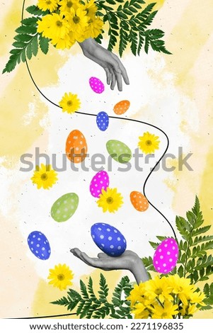 Collage artwork graphics picture of arms catching falling easter eggs isolated painting background