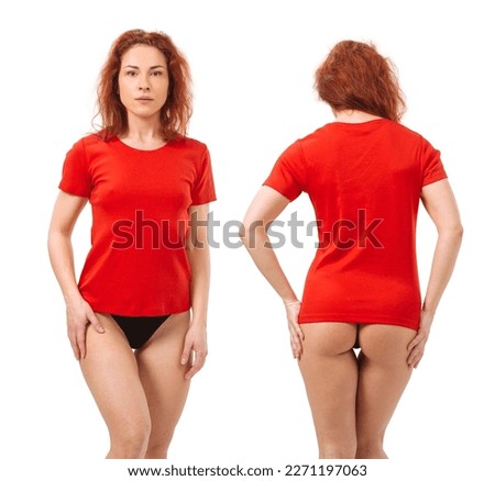 Photo of a young beautiful redhead woman with blank red shirt and black underwear. Isolated over white background and ready for your design or artwork.