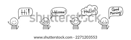 cartoon people with greeting - welcome, hello, hi, good morning. Vector