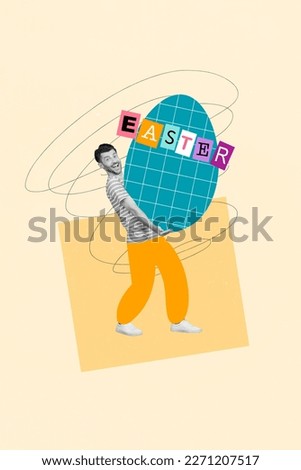 Creative postcard collage of funny young guy carry huge painting easter eggs prepare traditional party