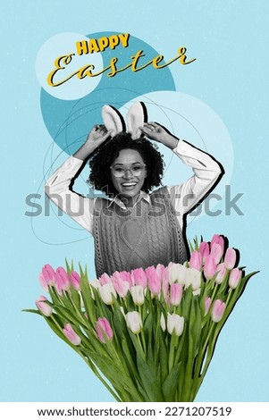 Photo collage cartoon comics sketch picture of funny charming lady wear easter ears enjoying flowers isolated drawing background