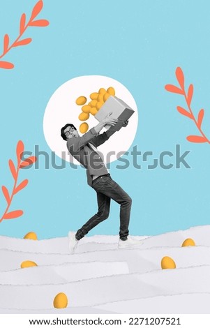 Creative 3d photo collage artwork graphics painting of excited funky guy delivering easter eggs isolated drawing background