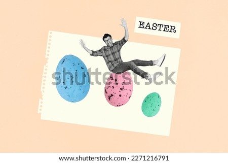 Banner poster template collage of funny guy doing hand craft painting easter egg prepare for springtime occasion Royalty-Free Stock Photo #2271216791