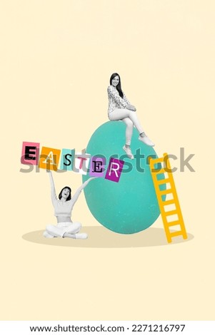 Artwork image template collage of two girls enjoying easter party collage prepare big food drawing egg