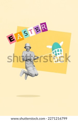 Graphics creative advert collage of weird young guy hunt collect colorful chocolate eggs celebrate easter