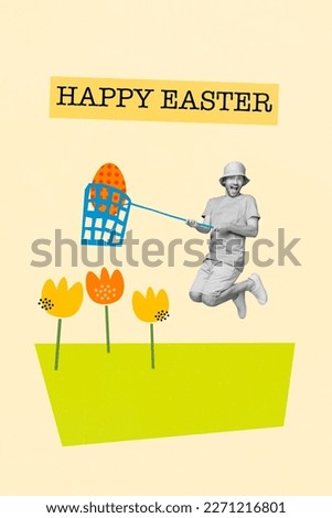 Creative artwork invitation template collage of funny young guy play backyard hunt painting easter color eggs