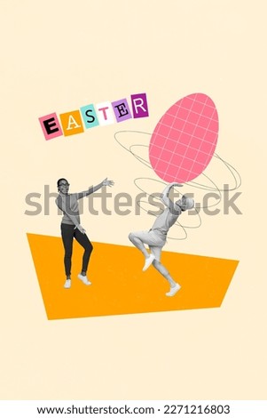 Creative banner poster picture collage of two people lady guy advertising huge painting easter eggs traditional surprise