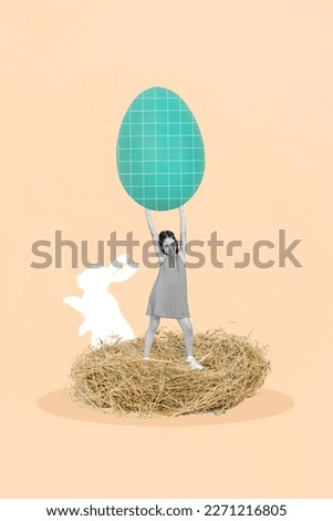 Creative invitation poster banner of funky happy little girl enjoy easter egg hunt by bunny hold big huge one Royalty-Free Stock Photo #2271216805