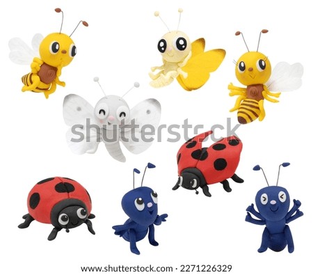 Set of insect characters made of clay (ladybug, butterfly, bee, ant)