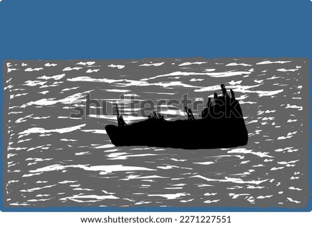 Seascape nature painting with vessel fishing above the sea waves while the sky is blue.